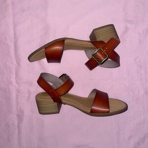 Cognac/Amber Brown Strapped Block Heel Sandal